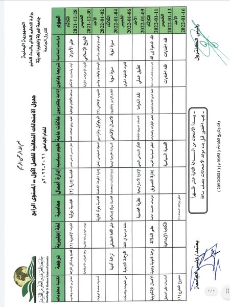 جدول الامتحانات النهائية للمستوى الرابع